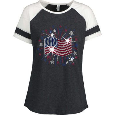 Wavy Flag Inside A Firework 4th Of July Bling Flag Usa Funny Enza Ladies Jersey Colorblock Tee