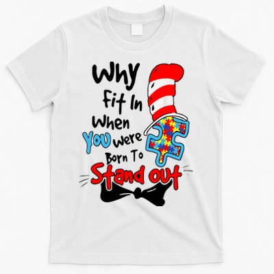 Why Fit In Autism Awareness Doctor Teacher Hat Cat Book T-Shirt