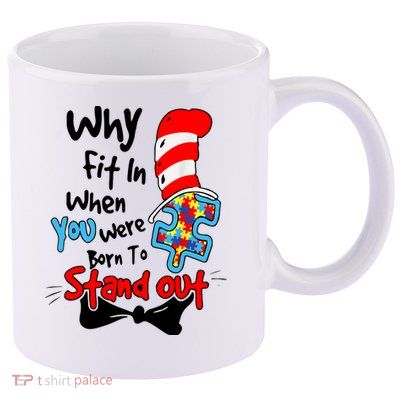 Why Fit In Autism Awareness Doctor Teacher Hat Cat Book 11oz C Handle Ceramic Mug
