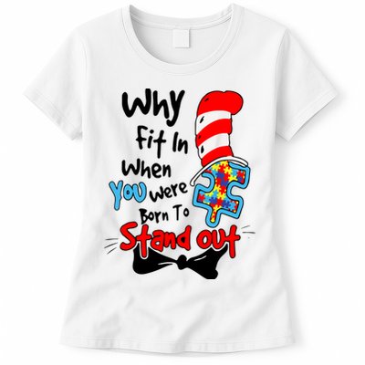 Why Fit In Autism Awareness Doctor Teacher Hat Cat Book Womens T-Shirt