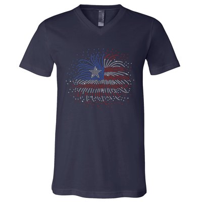 Wavy Flag Inside A Firework 4th Of July Bling Flag Usa Funny V-Neck T-Shirt