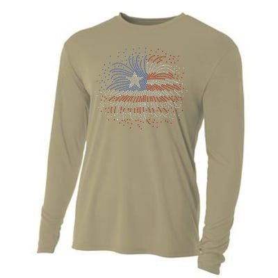 Wavy Flag Inside A Firework 4th Of July Bling Flag Usa Funny Cooling Performance Long Sleeve Crew