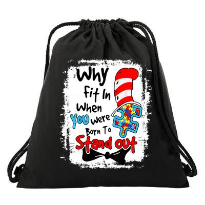 Why Fit In Autism Awareness Doctor Teacher Cat In Hat Book Design Drawstring Bag