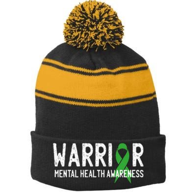 Warrior Fighter Mental Health Awareness Month Green Ribbon Stripe Pom Pom Beanie