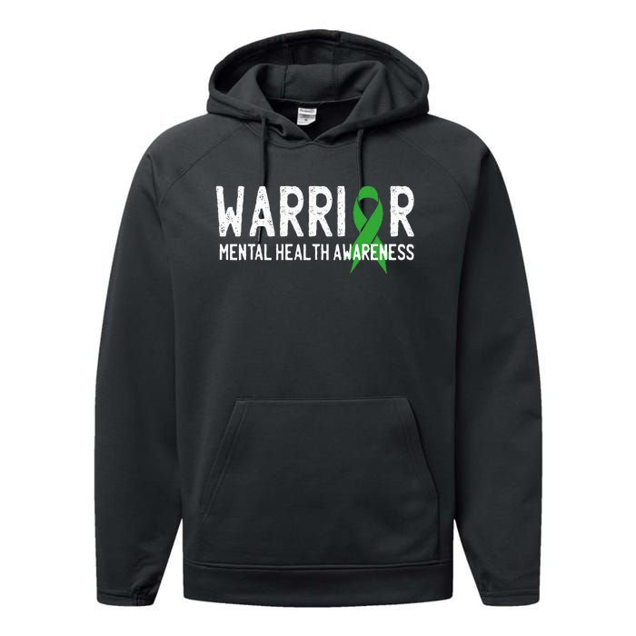 Warrior Fighter Mental Health Awareness Month Green Ribbon Performance Fleece Hoodie