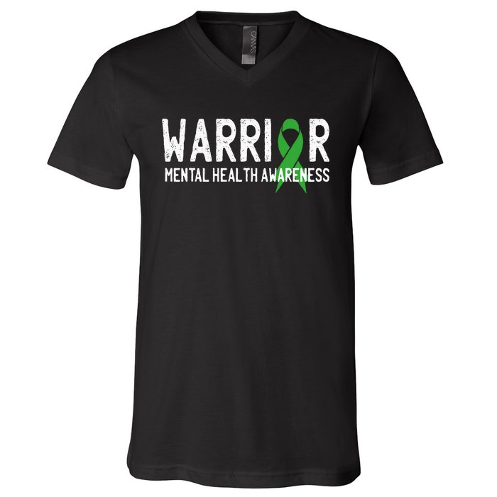 Warrior Fighter Mental Health Awareness Month Green Ribbon V-Neck T-Shirt