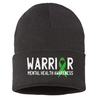 Warrior Fighter Mental Health Awareness Month Green Ribbon Sustainable Knit Beanie