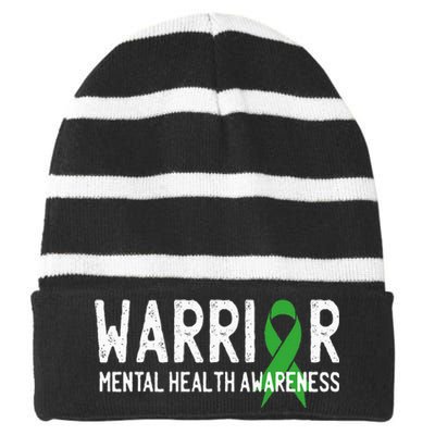 Warrior Fighter Mental Health Awareness Month Green Ribbon Striped Beanie with Solid Band