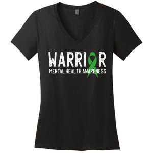 Warrior Fighter Mental Health Awareness Month Green Ribbon Women's V-Neck T-Shirt