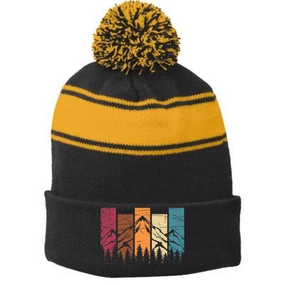 Wildlife Forest Nature Trees Retro Outdoors Mountains Hiking Stripe Pom Pom Beanie