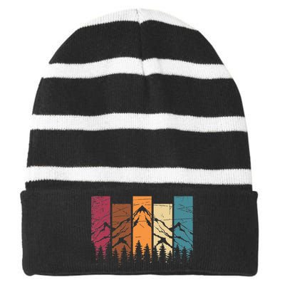 Wildlife Forest Nature Trees Retro Outdoors Mountains Hiking Striped Beanie with Solid Band