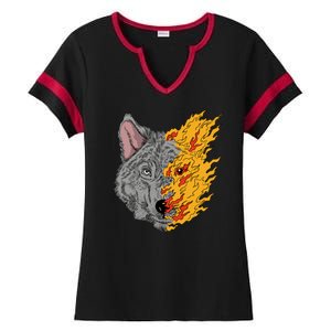 Wolf Face On Fire Ladies Halftime Notch Neck Tee