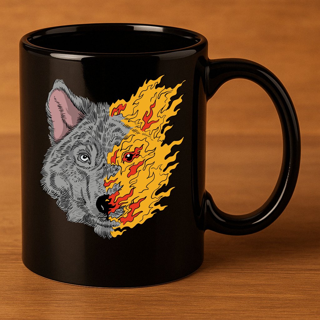 Wolf Face On Fire 11oz C Handle Ceramic Mug