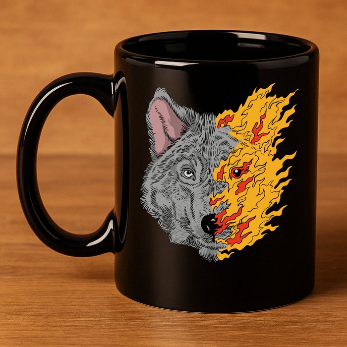 Wolf Face On Fire 11oz C Handle Ceramic Mug