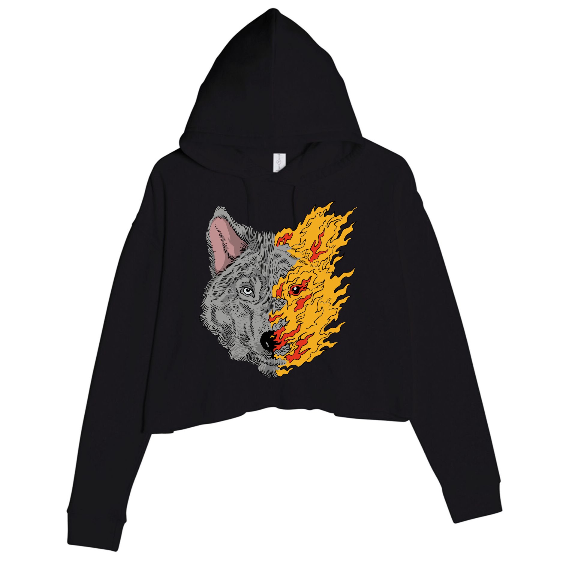 Wolf Face On Fire Crop Fleece Hoodie