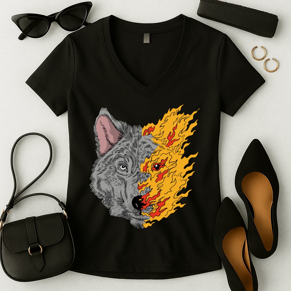 Wolf Face On Fire Women's V-Neck T-Shirt