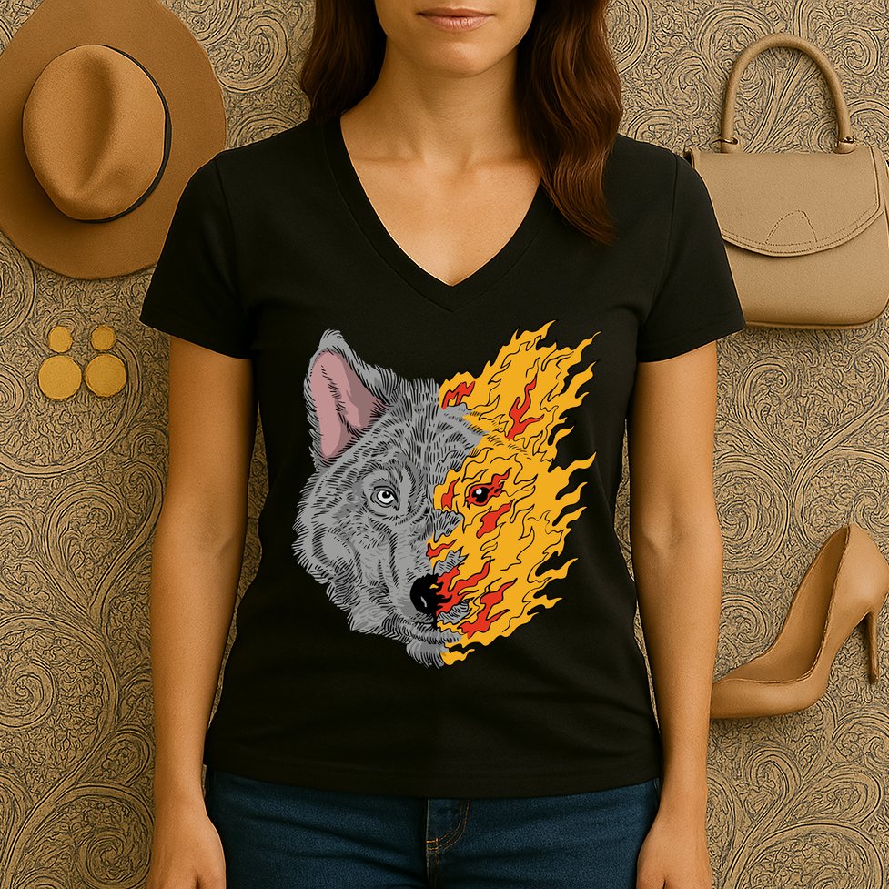 Wolf Face On Fire Women's V-Neck T-Shirt