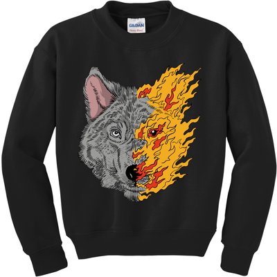 Wolf Face On Fire Kids Sweatshirt