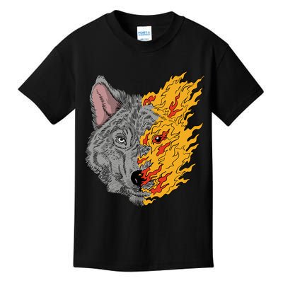 Wolf Face On Fire Kids T-Shirt