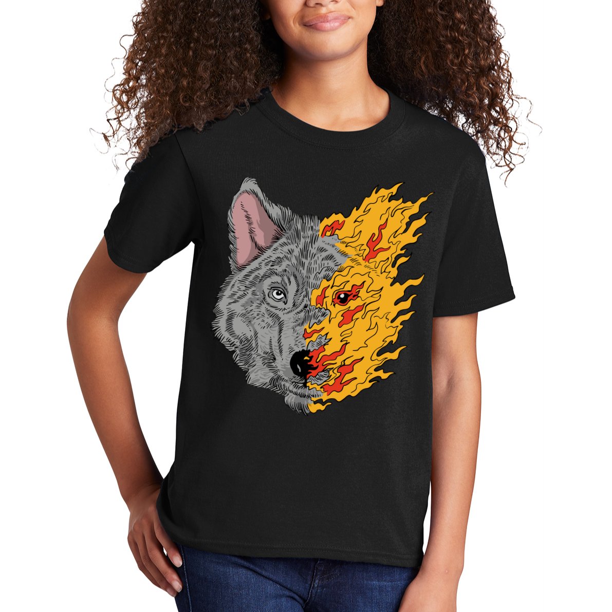 Wolf Face On Fire Kids T-Shirt