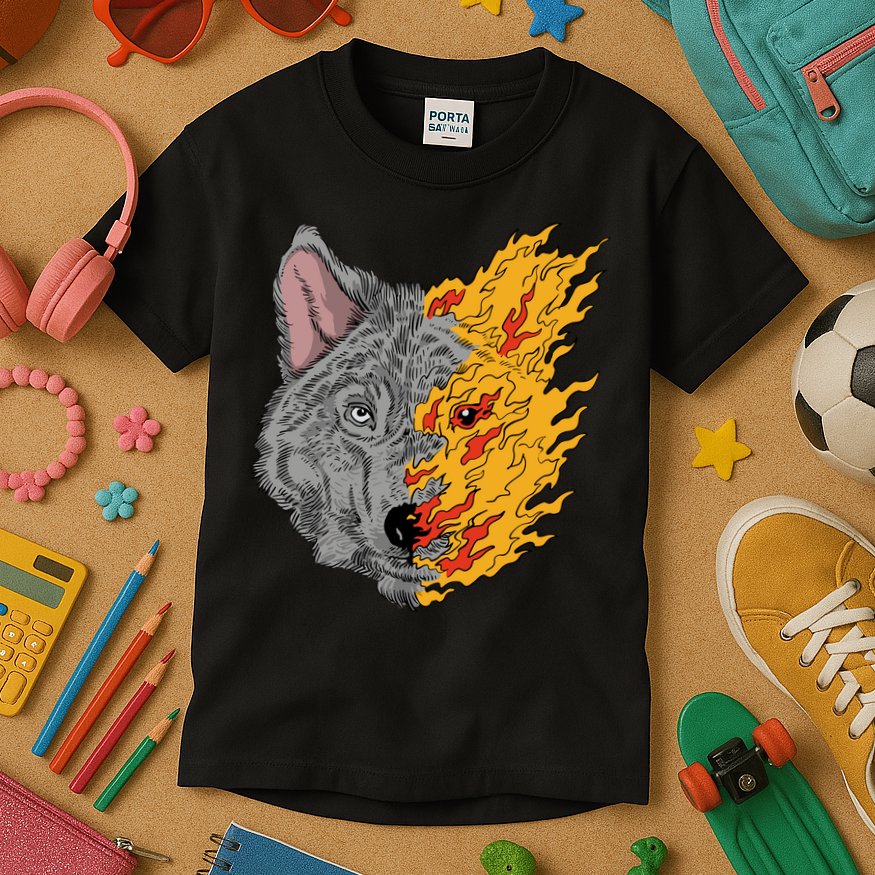 Wolf Face On Fire Kids T-Shirt