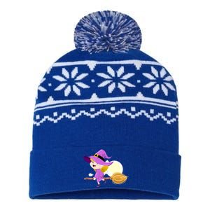 Witch Flying On Broomstick Against Full Moon Light With Star Great Gift USA-Made Snowflake Beanie