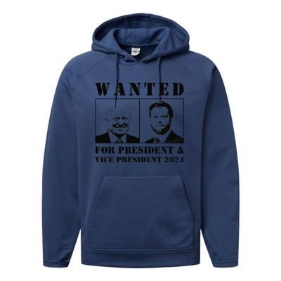 Wanted For President & Vice President 2024 Trump Vance Maga Performance Fleece Hoodie