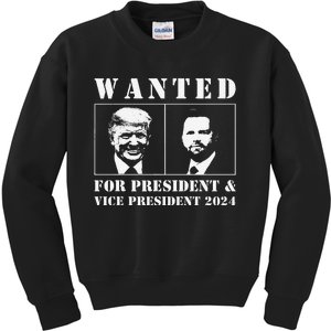 Wanted For President & Vice President 2024 Trump Vance Maga Kids Sweatshirt