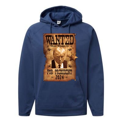 Wanted For President 2024 Trump Mug Shot Never Surrender Performance Fleece Hoodie