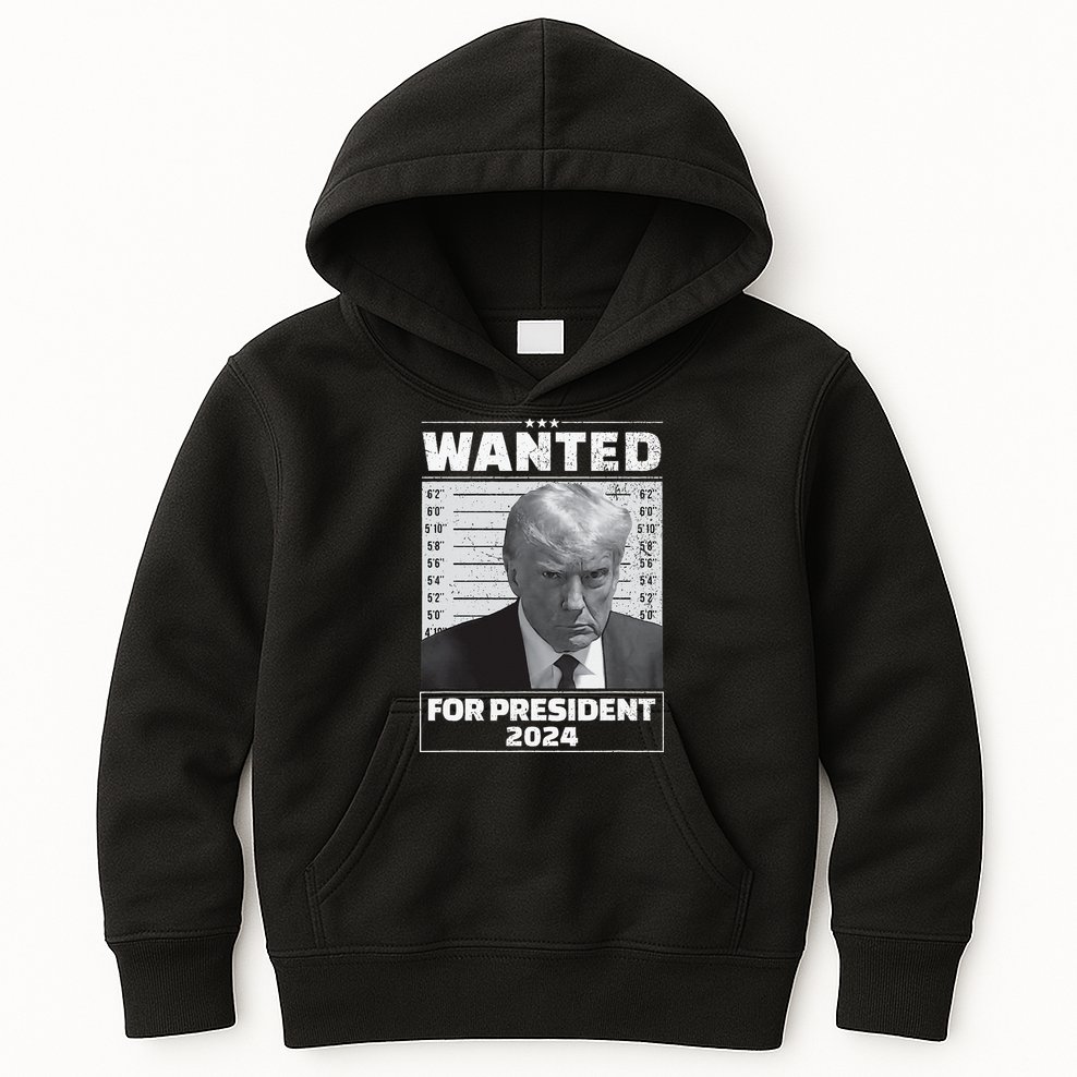 Wanted For President 2024 Trump Mugshot Kids Hoodie