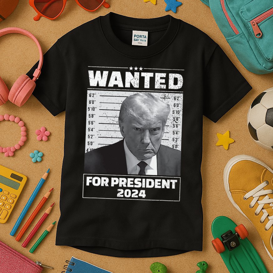Wanted For President 2024 Trump Mugshot Kids T-Shirt