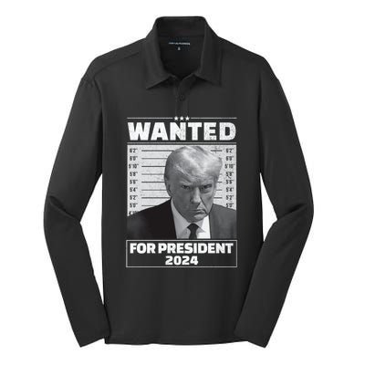 Wanted For President 2024 Trump Mugshot Silk Touch Performance Long Sleeve Polo