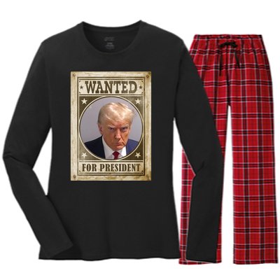 Wanted For President Funny Donald Trump Mugshot Women's Long Sleeve Flannel Pajama Set 