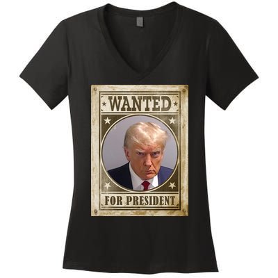 Wanted For President Funny Donald Trump Mugshot Women's V-Neck T-Shirt