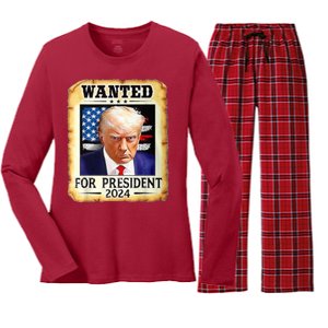 Wanted For President 2024 Donald Trump Women's Long Sleeve Flannel Pajama Set 