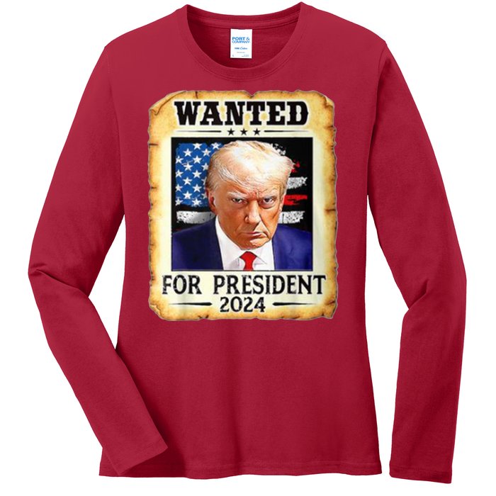 Wanted For President 2024 Donald Trump Ladies Long Sleeve Shirt