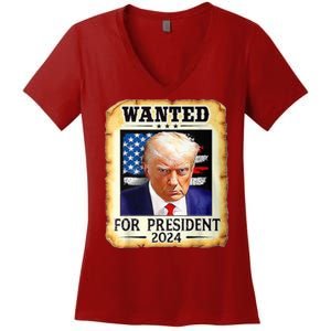 Wanted For President 2024 Donald Trump Women's V-Neck T-Shirt