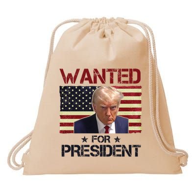 Wanted For President Donald Trump American Flag Drawstring Bag