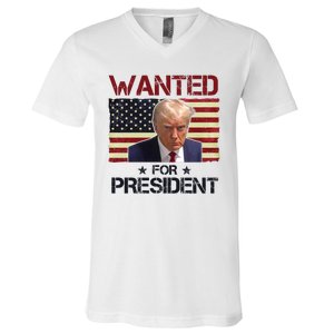 Wanted For President Donald Trump American Flag V-Neck T-Shirt