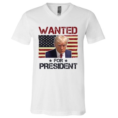 Wanted For President Donald Trump American Flag V-Neck T-Shirt