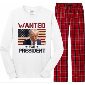 Wanted For President Donald Trump American Flag Long Sleeve Pajama Set