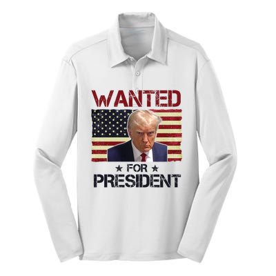 Wanted For President Donald Trump American Flag Silk Touch Performance Long Sleeve Polo