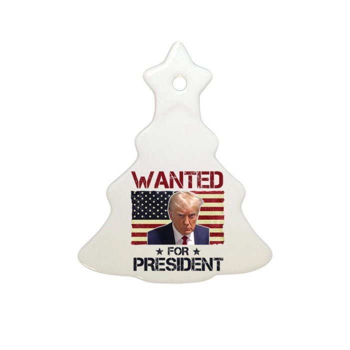 Wanted For President Donald Trump American Flag Ceramic Tree Ornament