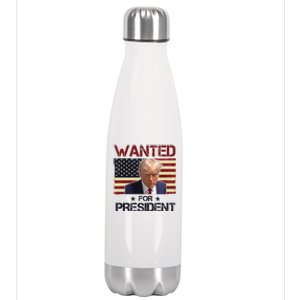 Wanted For President Donald Trump American Flag Stainless Steel Insulated Water Bottle