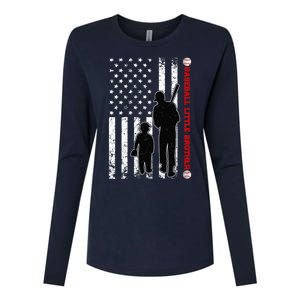 Wo Funny Proud Baseball Little Brother US Flag Father's Day Womens Cotton Relaxed Long Sleeve T-Shirt