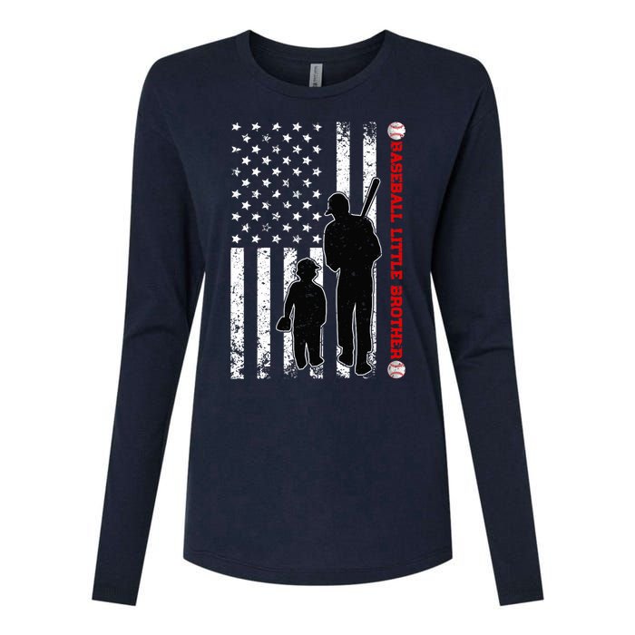 Wo Funny Proud Baseball Little Brother US Flag Father's Day Womens Cotton Relaxed Long Sleeve T-Shirt