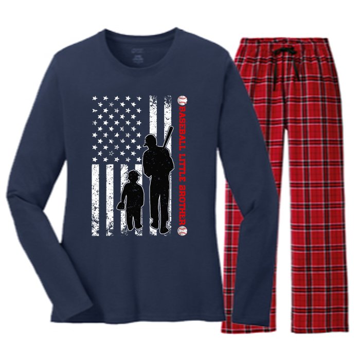 Wo Funny Proud Baseball Little Brother US Flag Father's Day Women's Long Sleeve Flannel Pajama Set 