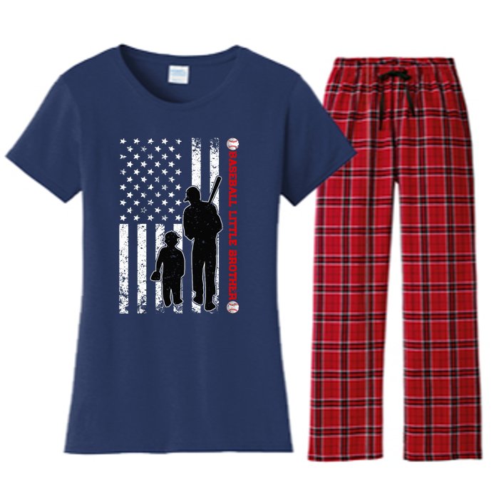 Wo Funny Proud Baseball Little Brother US Flag Father's Day Women's Flannel Pajama Set