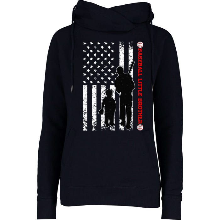 Wo Funny Proud Baseball Little Brother US Flag Father's Day Womens Funnel Neck Pullover Hood