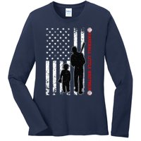 Wo Funny Proud Baseball Little Brother US Flag Father's Day Ladies Long Sleeve Shirt